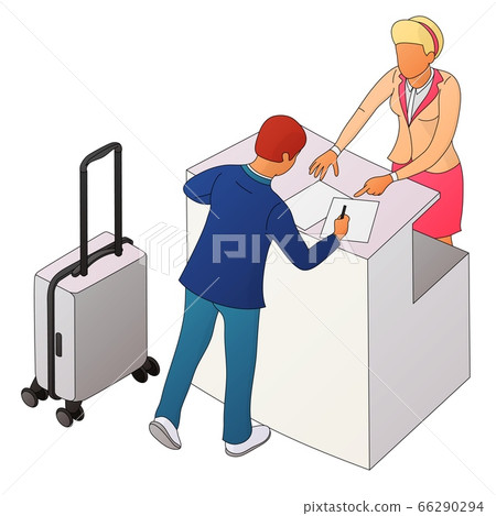 Two people interact near the reception or counter 66290294