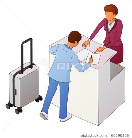 Two people interact near the reception or counter 66290296