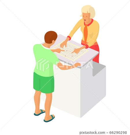 Two people interact near the reception or counter 66290298