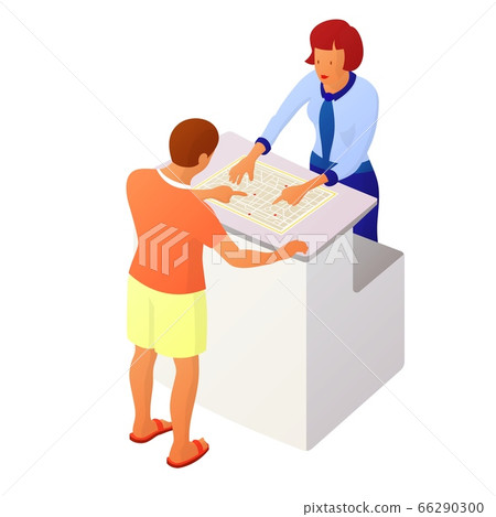 Two people interact near the reception or counter 66290300