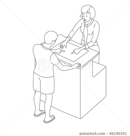 Two people interact near the reception or counter 66290301