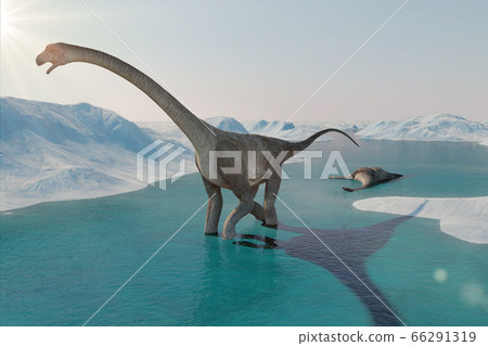 Dinosaur. Prehistoric snow landscape, ice valley with Dinosaurs. Arctic view. 3d rendering Dinosaur. Prehistoric snow landscape, ice valley with Dinosaurs. Arctic view. 3d rendering 66291319