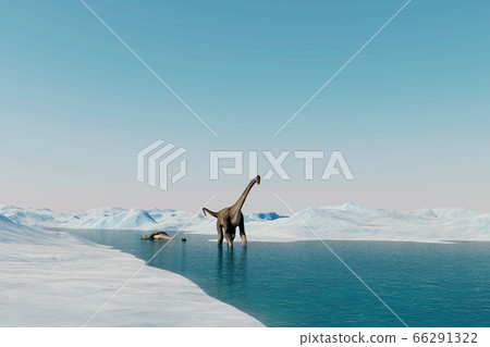 Dinosaur. Prehistoric snow landscape, ice valley with Dinosaurs. Arctic view. 3d rendering Dinosaur. Prehistoric snow landscape, ice valley with Dinosaurs. Arctic view. 3d rendering 66291322