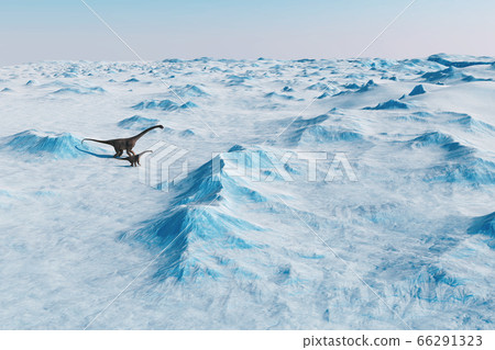 Dinosaur. Prehistoric snow landscape, ice valley with Dinosaurs. Arctic view. 3d rendering Dinosaur. Prehistoric snow landscape, ice valley with Dinosaurs. Arctic view. 3d rendering 66291323