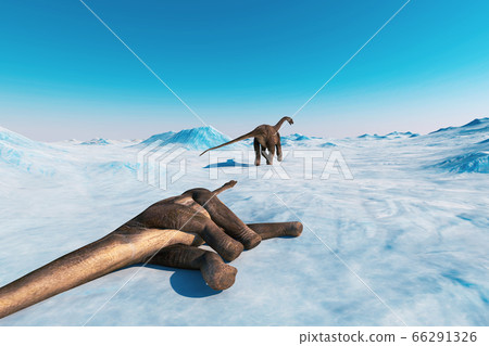 Dinosaur. Prehistoric snow landscape, ice valley with Dinosaurs. Arctic view. 3d rendering Dinosaur. Prehistoric snow landscape, ice valley with Dinosaurs. Arctic view. 3d rendering 66291326