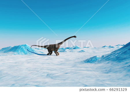Dinosaur. Prehistoric snow landscape, ice valley with Dinosaurs. Arctic view. 3d rendering Dinosaur. Prehistoric snow landscape, ice valley with Dinosaurs. Arctic view. 3d rendering 66291329