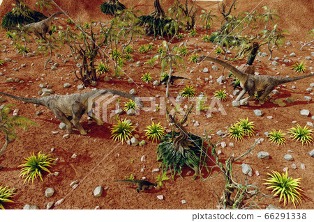 Dinosaur. Prehistoric Jungle, landscape, valley with Dinosaurs. 3d render 66291338