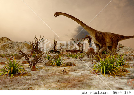 Dinosaur. Prehistoric Jungle, landscape, valley with Dinosaurs. 3d render 66291339