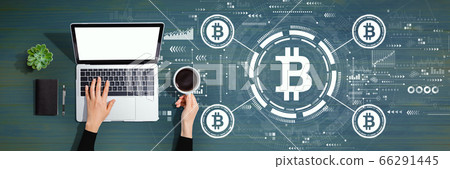 Bitcoin theme with person using laptop computer Bitcoin theme with person using laptop computer 66291445