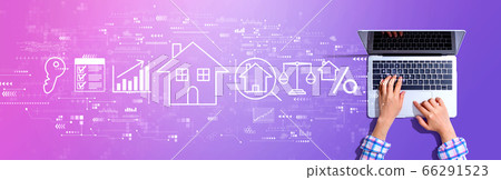 Real estate theme with woman using a laptop Real estate theme with woman using a laptop 66291523