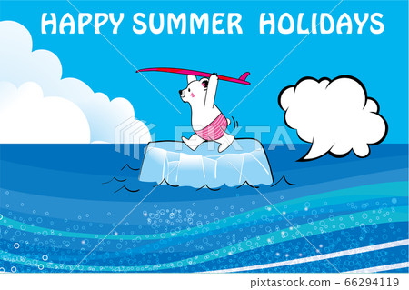 Summer greeting template Illustration of a polar bear in the image of summer | Next to a polar bear drift ice with a surfboard Summer greeting template Illustration of a polar bear in the image of summer | Next to a polar bear drift ice with a surfboard 66294119