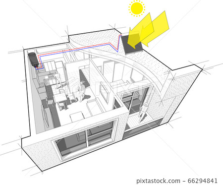 diagram of a one bedroom apartment completely furnished with with additional solar water heating panels on the roof diagram of a one bedroom apartment completely furnished with with additional solar water heating panels on the roof 66294841