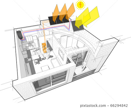 diagram of a one bedroom apartment completely furnished with additional solar water heating panels and photovoltaic panels on the roof as source of electric energy diagram of a one bedroom apartment completely furnished with additional solar water heating panels and photovoltaic panels on the roof as source of electric energy 66294842