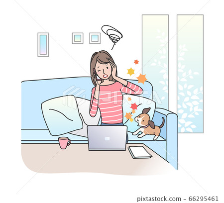 A woman who is troubled by the voice of a pet dog during a smartphone call [Telework] 66295461
