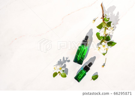 Serum with herbal extracts for skincare. Flat Lay minimalism 66295871