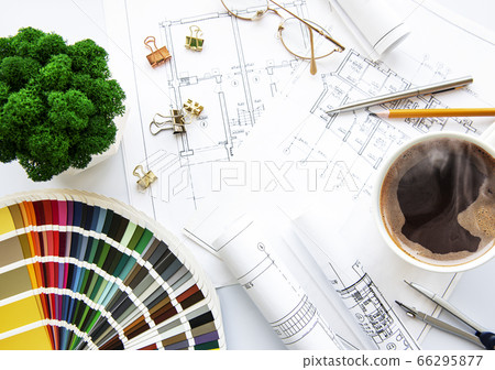Architect workplace top view 66295877
