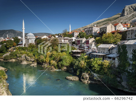neretva river and old town of mostar bosnia view 66296742
