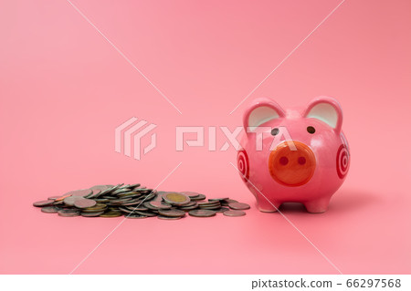 Pink piggy bank on pastel pink background, Pink piggy bank on pastel pink background, 66297568