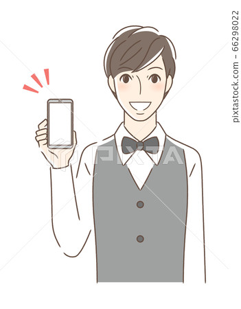 A man facing the front showing a smartphone screen with a smile A man facing the front showing a smartphone screen with a smile 66298022