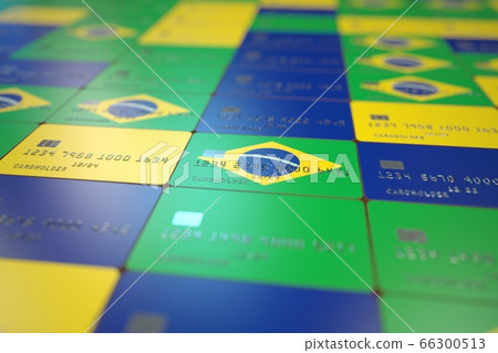Flag of Brazil on plastic bank cards. National banking related 3D rendering 66300513