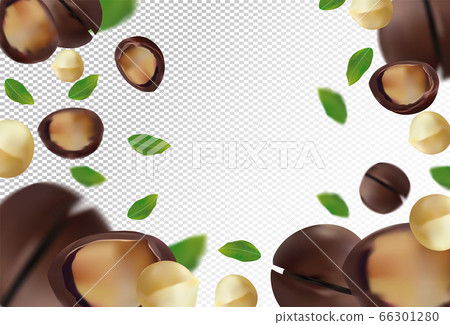 Macadamia nuts background. Flying macadamia with green leaf on transparent background. 3D realistic nuts. Macadamia falling from different angles. Vector illustration Macadamia nuts background. Flying macadamia with green leaf on transparent background. 3D realistic nuts. Macadamia falling from different angles. Vector illustration 66301280