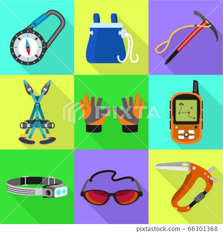 Adventure hiking equipment icon set, flat style Adventure hiking equipment icon set, flat style 66301368