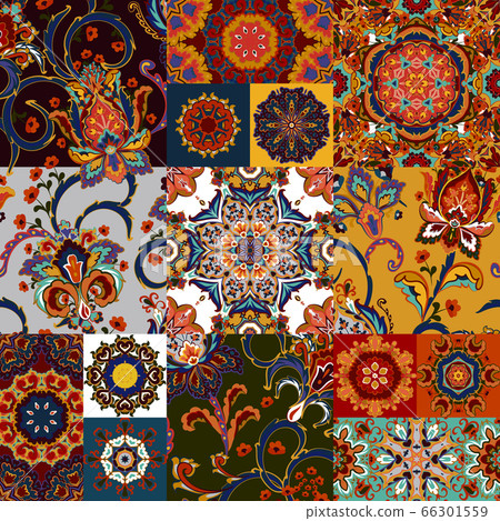Seamless colorful patchwork tile with Islam, Arabic, Indian, ottoman motifs. Majolica pottery tile. Portuguese and Spain decor. Ceramic tile in talavera style. Vector illustration 66301559