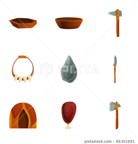 Stone age weapon icon set, cartoon style 66301691