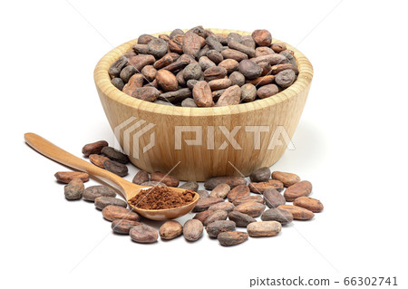 Raw cocoa beans in wooden bowl. 66302741
