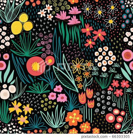 Flower field bright colors on black seamless vector pattern. Repeating liberty doodle flower meadow Flower field bright colors on black seamless vector pattern. Repeating liberty doodle flower meadow 66303305