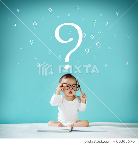 Little baby and blackboard with "Question Mark" on Little baby and blackboard with "Question Mark" on 66303570