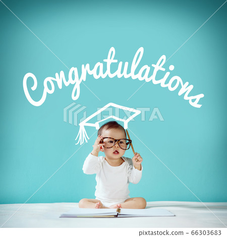 Newborn and blackboard with "congratulation" on Newborn and blackboard with "congratulation" on 66303683