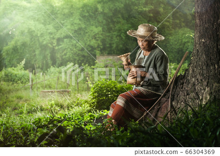 Asian grandmother fisherman with the net 66304369