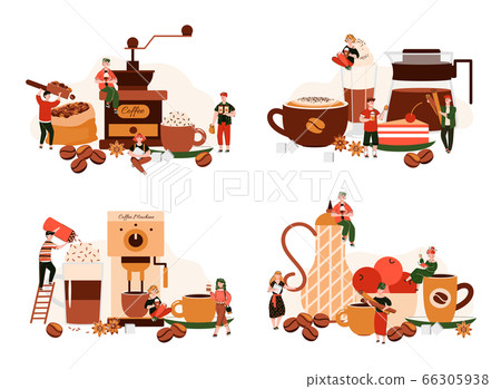 Coffee machine equipment and tiny barista people making cafe drinks Coffee machine equipment and tiny barista people making cafe drinks 66305938