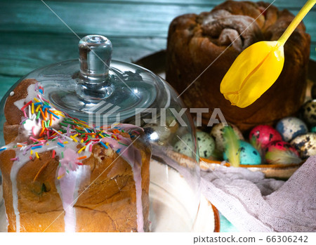 Easter composition with colorful eggs and cakes 66306242