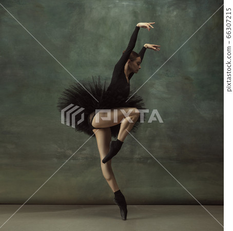 Young graceful tender ballerina on dark studio background 66307215