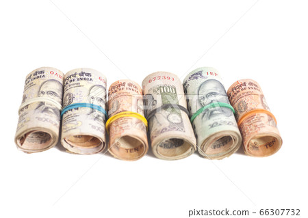 Rolls of Indian rupees isolated on white Rolls of Indian rupees isolated on white 66307732