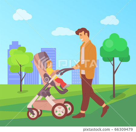 Father Walking Child in Perambulator, City Walk 66309479