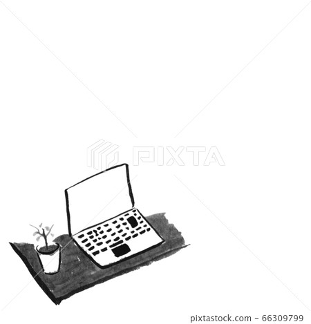 Computer work at table (hand-drawn illustration... - Stock Illustration ...