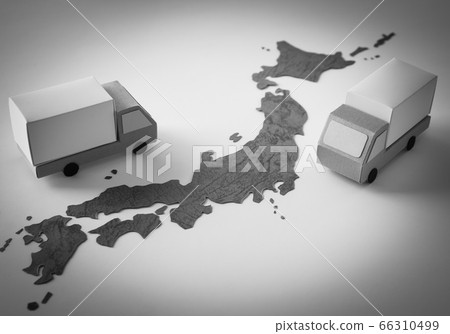 日本的卡車和地圖，日本群島的分銷網絡，運輸季節，在日本群島上運行的快遞服務，救濟物資的運輸 66310499