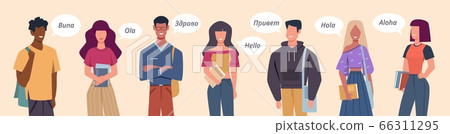 People greeting in different languages. Multilingual greeting bubbles, persons diverse countries, international communication vector concept 66311295