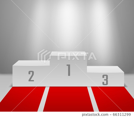 Winners podium with red carpet. Empty white winners pedestal with spotlights, first, second and third place. Awards ceremony vector concept 66311299