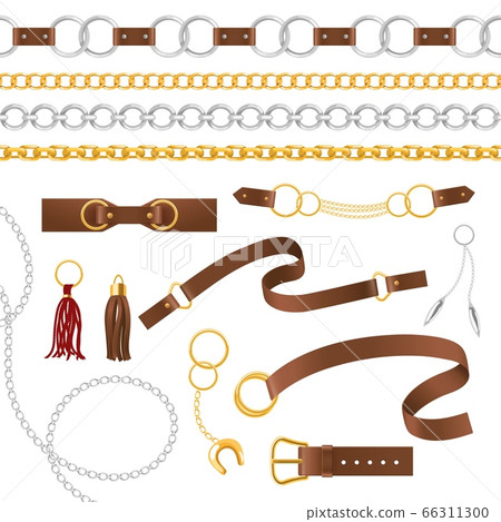 Belt elements. Metal chains, pendant and braid, leather belts with buckle, strap female accessories isolated vector set 66311300