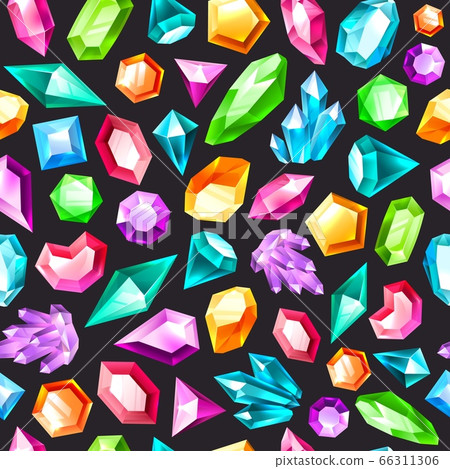 Gem seamless pattern. Gemstones amethyst, topaz and quartz. Diamonds and ruby, sapphire, crystal and emerald, jewels vector texture 66311306