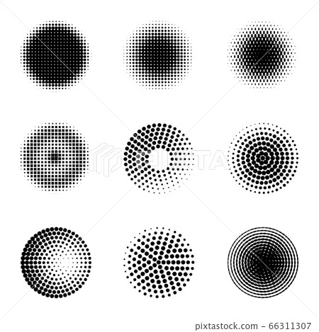 Radial halftone. Different gradient circles, halftone dots graphic digital technology texture, stippling perforated abstract vector elements 66311307