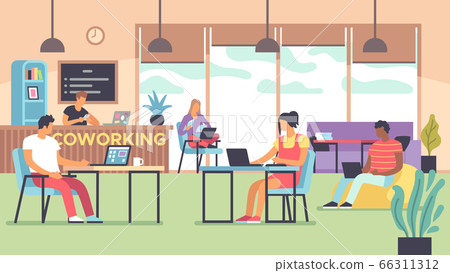 Coworking. People talking and working at computers in open space office, multinational employees, workers together flat vector concept Coworking. People talking and working at computers in open space office, multinational employees, workers together flat vector concept 66311312