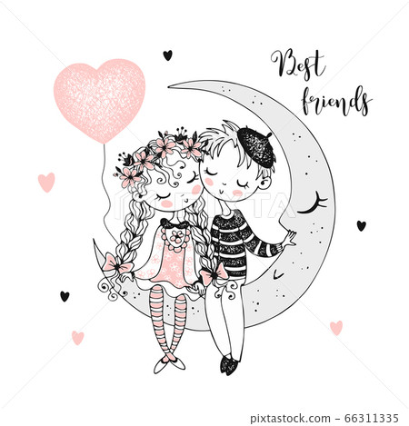 Cute Boy And Girl Sitting On The Moon Best Stock Illustration