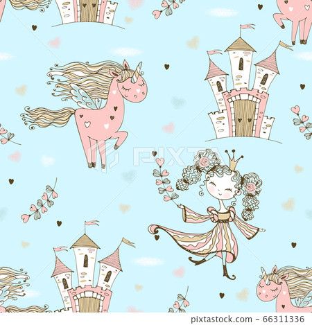 Seamless pattern on the theme of fairyland. The Princess and the unicorn. Vector 66311336