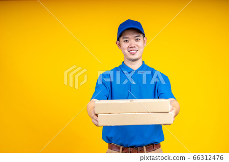 Asian delivery man holding pizza or parcel box Asian delivery man holding pizza or parcel box 66312476