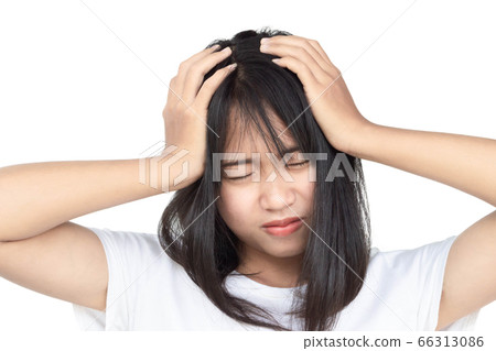 Closeup woman headache and depressed isolated  66313086